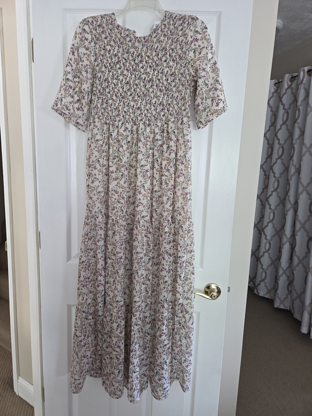 Sign Here Smocked Floral Midi Dress - Cream with Pink & Green Print Large